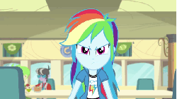 Size: 576x324 | Tagged: safe, screencap, rainbow dash, equestria girls, g4, my little pony equestria girls: rainbow rocks, pinkie on the one, animated, close-up, cute, dashabetes, female, glare, grin, idea, open mouth, open smile, rapeface, smiling, solo, surprised, teeth