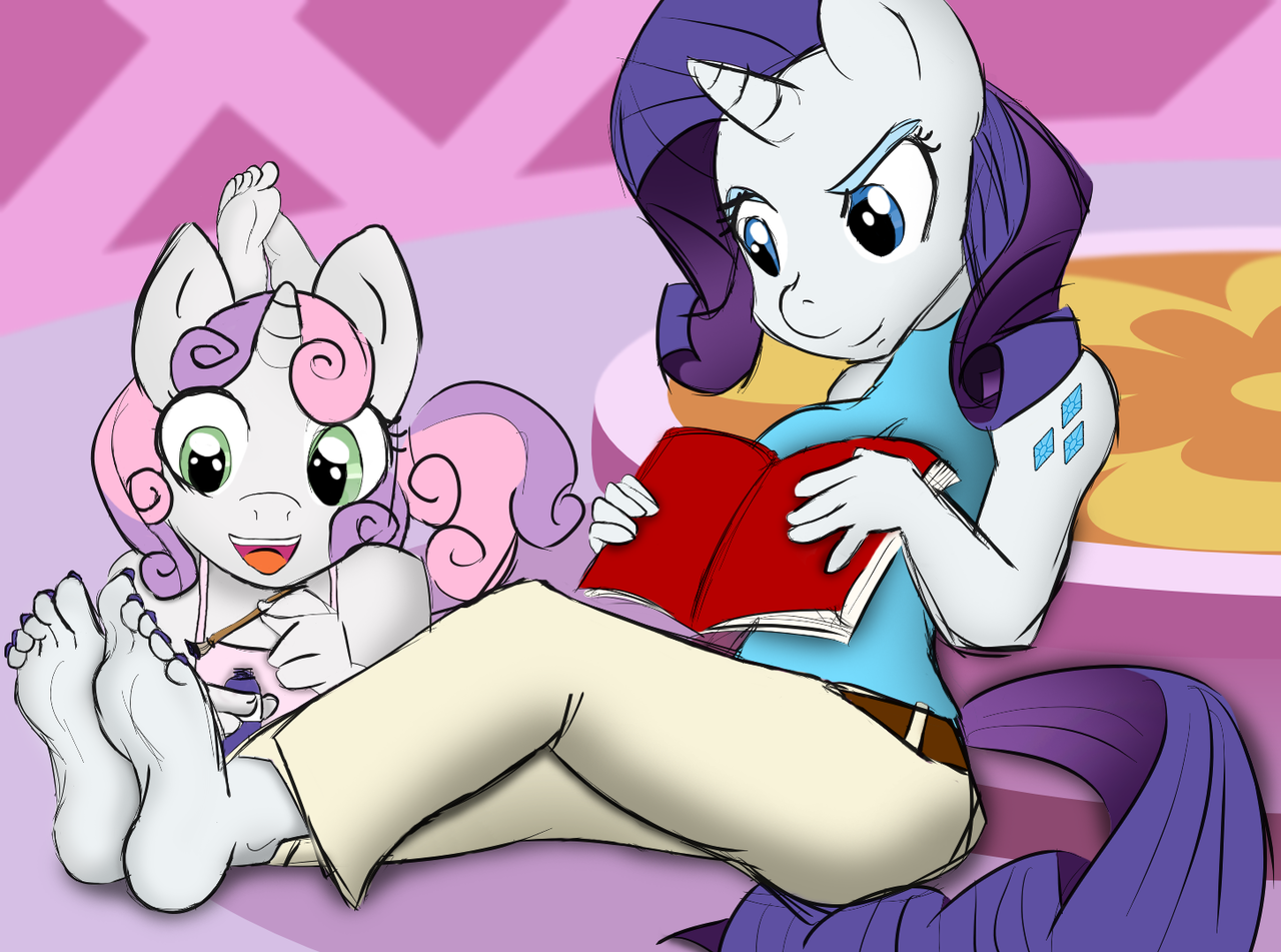 rarity, sweetie belle, anthro, plantigrade anthro, barefoot, book, carousel...