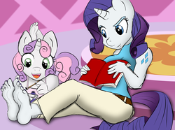 Size: 1449x1076 | Tagged: safe, artist:sweethd, rarity, sweetie belle, anthro, plantigrade anthro, g4, barefoot, book, carousel boutique, cute, feet, feet up, foot focus, nail polish, open mouth, prone, raised eyebrow, sitting, smiling, soles, the pose, toenail polish, toenails, toes