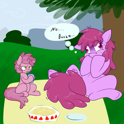 Size: 675x675 | Tagged: safe, artist:skoon, berry punch, berryshine, ruby pinch, ask berry punch, g4, juice box, picnic, underhoof