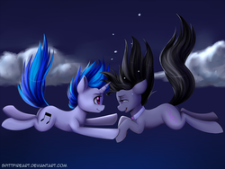 Size: 1024x768 | Tagged: safe, artist:spittfireart, dj pon-3, octavia melody, vinyl scratch, earth pony, pony, unicorn, g4, cloud, context is for the weak, crying, duo, duo female, falling, female, horn, lesbian, mare, night, night sky, ship:scratchtavia, shipping, sky, spirited away