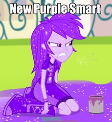 Size: 753x821 | Tagged: safe, screencap, rainbow dash, twilight sparkle, equestria girls, g4, my little pony equestria girls: rainbow rocks, pinkie on the one, angry, covered, female, frown, glare, glitter, gritted teeth, image macro, kneeling, meme, purple dash, purple smart, rainbow dash is not amused, solo, sparkles