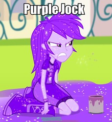 Size: 753x821 | Tagged: safe, screencap, rainbow dash, equestria girls, g4, my little pony equestria girls: rainbow rocks, pinkie on the one, covered, female, image macro, irate, meme, purple, purple dash, purple jock, solo