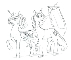 Size: 1138x970 | Tagged: safe, artist:longinius, princess cadance, shining armor, alicorn, pony, g4, grayscale, monochrome