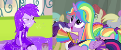 Size: 1736x714 | Tagged: safe, screencap, derpy hooves, dizzy twister, merry may, orange swirl, parasol, pinkie pie, rainbow dash, starburst (g4), sunshower raindrops, twilight sparkle, equestria girls, g4, my little pony equestria girls: rainbow rocks, rainbow falls, cheerleader sparkle, female, glitter, rainbow wig, skirt, twilight sparkle (alicorn)