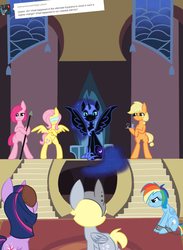 Size: 1100x1500 | Tagged: safe, artist:lilliesinthegarden, applejack, derpy hooves, fluttershy, nightmare moon, pinkie pie, rainbow dash, twilight sparkle, pony, ask emberbell, g4, alternate universe, bipedal, blindfold, chains, frown, glass, hoof hold, injured, mane six, pinkamena diane pie, sad, shackles, sitting, spear, spread wings, throne, throne room, tray, tumblr, wine