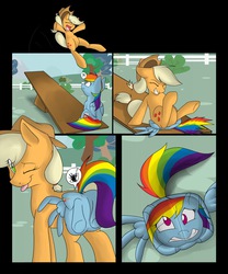 Size: 1067x1280 | Tagged: safe, artist:tlem-dna-talf, applejack, rainbow dash, earth pony, pegasus, pony, applebuck season, g4, season 1, alternate scenario, butt, cartoon physics, comic, faceful of ass, facesitting, female, flattened, jumping, mare, plot, seesaw, silly, silly pony, tongue out, who's a silly pony, wink