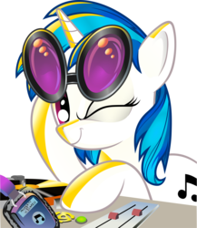 Size: 5541x6374 | Tagged: safe, artist:andy price, artist:gray-gold, dj pon-3, vinyl scratch, pony, unicorn, g4, absurd resolution, cutie mark, female, headphones, hooves, horn, mare, simple background, smiling, solo, sunglasses, transparent background, turntable, vector, wink