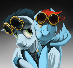 Size: 2000x1862 | Tagged: safe, artist:dimfann, rainbow dash, soarin', g4, cuddling, cute, female, glomp, goggles, hug, male, ship:soarindash, shipping, smiling, snuggling, straight, wonderbolts dress uniform