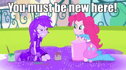 Size: 1024x569 | Tagged: safe, edit, edited screencap, screencap, pinkie pie, rainbow dash, equestria girls, g4, my little pony equestria girls: rainbow rocks, pinkie on the one, caption, condescending ponka, condescending wonka, covered, glitter, image macro, meme, purple dash, roald dahl, willy wonka and the chocolate factory, you must be new here