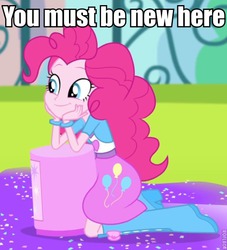 Size: 575x633 | Tagged: safe, screencap, pinkie pie, equestria girls, g4, my little pony equestria girls: rainbow rocks, pinkie on the one, balloon, boots, bracelet, clothes, condescending ponka, condescending wonka, cute, diapinkes, female, high heel boots, jewelry, meme, roald dahl, roflbot, skirt, solo, willy wonka and the chocolate factory, you must be new here