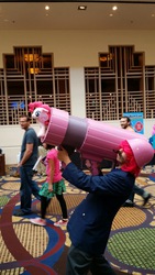 Size: 900x1600 | Tagged: artist needed, safe, pinkie pie, human, g4, babscon, babscon 2014, convention, cosplay, helmet, irl, irl human, moustache, party cannon, photo, plushie, rocket launcher, rule 63, solo, weapon