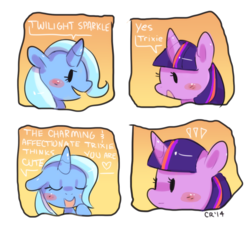 Size: 1280x1176 | Tagged: safe, artist:cherivinca, trixie, twilight sparkle, g4, blushing, comic, cute, dialogue, eyes closed, female, floppy ears, lesbian, open mouth, ship:twixie, shipping, smiling, surprised