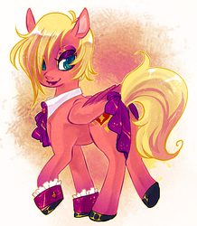 Size: 492x563 | Tagged: safe, artist:zilleniose-chu, oc, oc only, pegasus, pony, bracelet, collar, eyeshadow, lipstick, looking back, makeup, smiling, solo, sparkles, tail bow