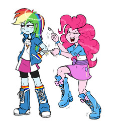 Size: 1000x1100 | Tagged: safe, artist:ichibangravity, pinkie pie, rainbow dash, equestria girls, g4, my little pony equestria girls: rainbow rocks, annoyed, armband, boots, clothes, compression shorts, drumming, duo, eyes closed, high heel boots, jacket, shirt, shoes, simple background, skirt, spoon, white background, wristband