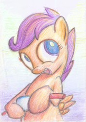 Size: 825x1163 | Tagged: safe, artist:aemuhn, scootaloo, g4, colored pencil drawing, female, scooter, solo, traditional art