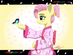 Size: 2500x1900 | Tagged: safe, artist:lordzid, fluttershy, butterfly, g4, alternate hairstyle, cherry blossoms, female, kimono (clothing), solo
