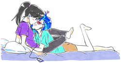 Size: 1204x632 | Tagged: safe, artist:re_ghotion, dj pon-3, octavia melody, vinyl scratch, human, g4, alternate hairstyle, barefoot, bed, blushing, eyes closed, feet, female, grin, headphones, heart, humanized, imminent kissing, ipod, leg lock, lesbian, pillow, ponytail, prone, sharing headphones, ship:scratchtavia, shipping, simple background, sitting, smiling