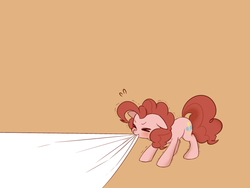 Size: 1024x768 | Tagged: dead source, safe, artist:うめぐる, pinkie pie, earth pony, pony, g4, female, fourth wall, mouth hold, solo