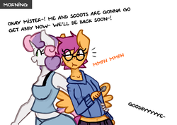 Size: 1280x907 | Tagged: safe, artist:somescrub, scootaloo, sweetie belle, anthro, ask nudist sweetie belle, g4, glasses, older