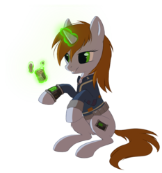 Size: 679x730 | Tagged: safe, artist:hioshiru, oc, oc only, oc:littlepip, pony, unicorn, fallout equestria, bottomless, clothes, drugs, fallout, fanfic, fanfic art, female, glowing horn, hooves, horn, jumpsuit, levitation, magic, mare, mint-als, partial nudity, party time mintals, pipbuck, simple background, sitting, smiling, solo, teeth, telekinesis, transparent background, vault suit
