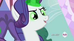 Size: 1453x814 | Tagged: safe, screencap, rarity, g4, inspiration manifestation, corrupted, female, green magic, hub logo, inspirarity, magic, possessed, solo