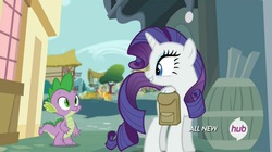 Size: 1447x808 | Tagged: safe, screencap, rarity, spike, g4, inspiration manifestation, my little pony: friendship is magic, hub logo