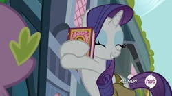 Size: 1448x810 | Tagged: safe, screencap, rarity, spike, pony, unicorn, g4, inspiration manifestation, book, eyes closed, female, hub logo, inspiration manifestation book, mare, solo focus