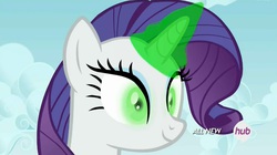 Size: 1450x811 | Tagged: safe, screencap, rarity, g4, inspiration manifestation, corrupted, face, female, hub logo, inspirarity, magic, possessed, solo