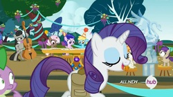 Size: 1451x812 | Tagged: safe, screencap, brown sugar, burnout (g4), flashfluff, octavia melody, plum star, plumberry, rarity, spike, g4, inspiration manifestation, filly, hub logo