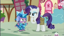 Size: 609x341 | Tagged: safe, screencap, rarity, spike, pony, unicorn, g4, inspiration manifestation, armor, crystal armor, duo, female, hub logo, male, mare, saddle bag