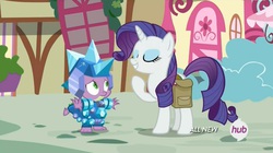 Size: 1449x811 | Tagged: safe, screencap, rarity, spike, g4, inspiration manifestation, armor, crystal armor, hub logo