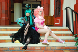 Size: 1452x972 | Tagged: safe, artist:amazonmandy, artist:angelsamui, queen chrysalis, oc, oc:fluffle puff, human, g4, cosplay, irl, irl human, photo, sitting, stairs, taco