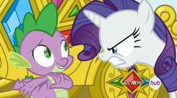 Size: 1449x808 | Tagged: safe, screencap, rarity, spike, g4, inspiration manifestation, face, hub logo, rariot