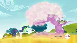 Size: 1450x810 | Tagged: safe, screencap, owlowiscious, rarity, spike, dragon, owl, pony, unicorn, g4, inspiration manifestation, crystal tree, dark magic, female, glowing eyes, glowing horn, golden road, horn, hub logo, inspirarity, landing, magic, male, mare, tree