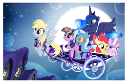 Size: 1400x906 | Tagged: safe, artist:pixelkitties, apple bloom, derpy hooves, diamond tiara, princess luna, trixie, twilight sparkle, alicorn, pony, g4, chariot, female, goggles, mare, moon, twilight sparkle (alicorn)