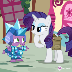 Size: 549x549 | Tagged: safe, screencap, rarity, spike, dragon, pony, unicorn, g4, inspiration manifestation, official, armor, cropped, crystal, crystal armor, duo, female, hoof on chin, hub logo, male, mare, saddle bag, the hub