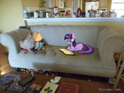 Size: 1252x939 | Tagged: safe, artist:digitalpheonix, artist:takua770, twilight sparkle, g4, book, couch, crossover, irl, kitchen, linus van pelt, peanuts, photo, ponies in real life, reading, shadow, table, vector
