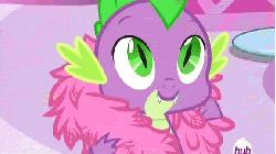 Size: 576x324 | Tagged: safe, screencap, spike, dragon, g4, inspiration manifestation, animated, blush sticker, blushing, cute, feather boa, hasbro is trying to murder us, hnnng, hub logo, hubble, male, solo, spikabetes, the hub, weapons-grade cute