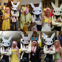 Size: 3240x3240 | Tagged: safe, artist:peichenphilip, angel bunny, fluttershy, human, .mov, shed.mov, g4, babscon, babscon 2014, bunny ears, chainsaw, compilation, convention, cosplay, dangerous mission outfit, floral head wreath, high res, irl, irl human, mask, photo, rule 63