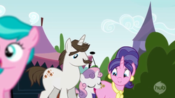 Size: 610x342 | Tagged: safe, screencap, aquamarine, cookie crumbles, hondo flanks, sweetie belle, g4, inspiration manifestation, father and daughter, hub logo, mother and daughter, rarity's parents, ship:cookieflanks, smiling