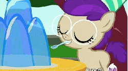 Size: 576x324 | Tagged: safe, screencap, burnout (g4), plum star, pony, g4, inspiration manifestation, 5-year-old, animated, colt, filly, gelatin, glasses, hat, hub logo, hubble, ice sculpture, party hat, spoon, the hub