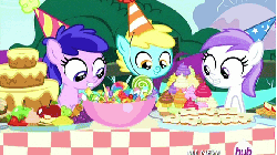 Size: 576x324 | Tagged: safe, screencap, flashfluff, plumberry, titania, earth pony, pegasus, pony, shrimp, g4, inspiration manifestation, 5-year-old, animated, apple, bowl, cake, candy, colt, cupcake, cute, dilated pupils, eye shimmer, filly, floppy ears, food, frown, fruit, grin, hat, hors d'oeuvre, hub logo, hubble, male, open mouth, party hat, plate, sad, smiling, the hub