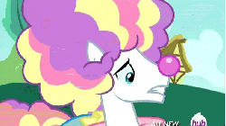 Size: 576x324 | Tagged: safe, screencap, banana peel (g4), circus peanut, horte cuisine, mint flower, savoir fare, pony, g4, inspiration manifestation, 5-year-old, animated, clown, filly, hat, hub logo, hubble, party hat, the hub, transformation, waiter