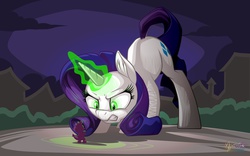Size: 2560x1600 | Tagged: safe, artist:mysticalpha, rarity, spike, pony, g4, inspiration manifestation, corrupted, face down ass up, giant pony, giantess, glowing eyes, green magic, inspirarity, macro, magic, possessed, size difference, wallpaper