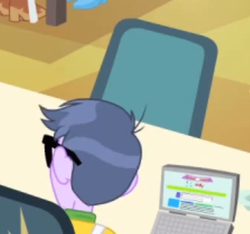 Size: 337x316 | Tagged: safe, screencap, applejack, micro chips, pinkie pie, equestria girls, g4, my little pony equestria girls: rainbow rocks, pinkie on the one, 4chan, background human, cafeteria, chair, computer, cropped, female, glasses, it begins, it's happening, laptop computer, reference, sitting, solo, table, they know