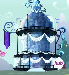 Size: 660x713 | Tagged: safe, screencap, berry punch, berryshine, g4, inspiration manifestation, building, cropped, hub logo, magic, ponyville town hall, telekinesis, town hall