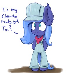 Size: 1100x1200 | Tagged: safe, artist:heir-of-rick, princess luna, pony, semi-anthro, g4, bipedal, clothes, dialogue, female, filly, impossibly large ears, overalls, solo, train conductor, woona