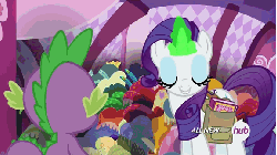 Size: 576x324 | Tagged: safe, screencap, rarity, spike, g4, inspiration manifestation, animated, clothes, corrupted, hub logo, hubble, inspirarity, magic, possessed, the hub
