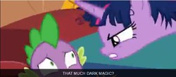 Size: 619x273 | Tagged: safe, screencap, spike, twilight sparkle, alicorn, pony, g4, inspiration manifestation, my little pony: friendship is magic, caption, female, mare, messy mane, twilight sparkle (alicorn)